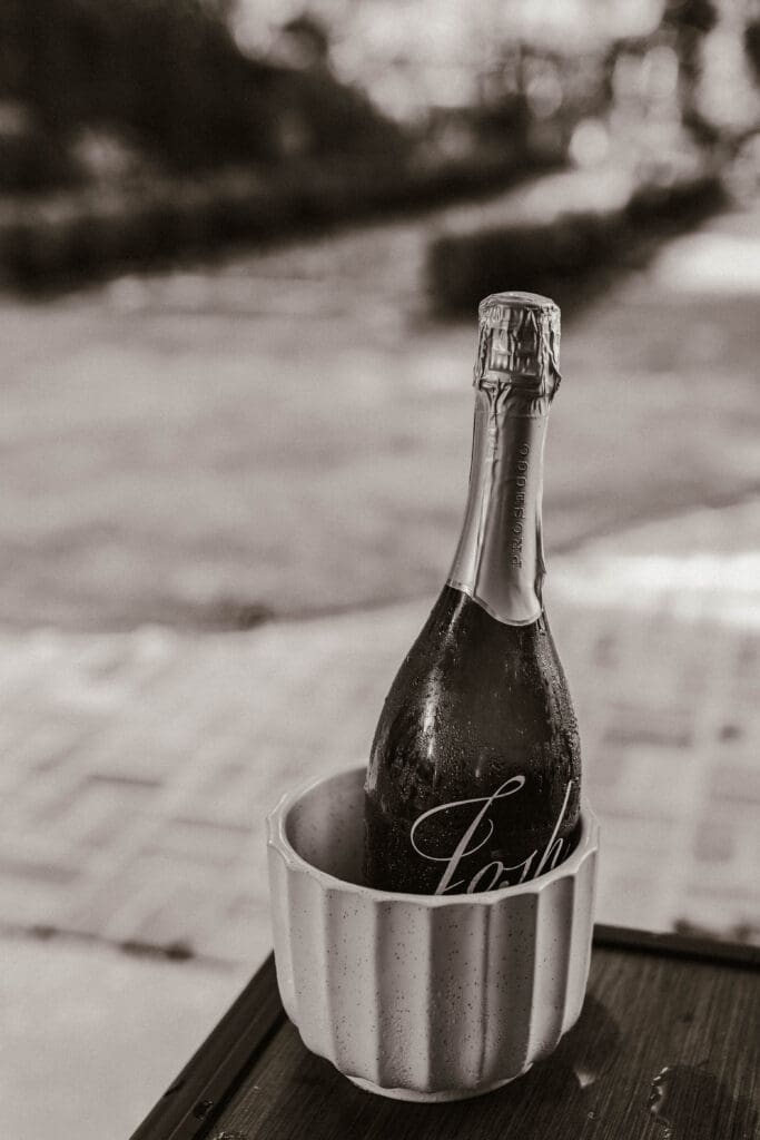 Black and white photo of a champagne bottle chilling beside the courtyard at 20 South Battery in Charleston.